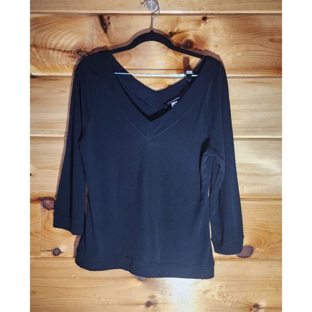 New York & Company Womens Size Medium Black V-neck 3/4 Sleeves Women's Top